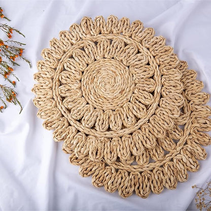 13.8" Corn Husk Woven Round Placemats Set of 10 - Wicker Boho Farmhouse Placemats - Rattan Table Mats Like Water Hyacinth for Dining Table, Wedding, Home