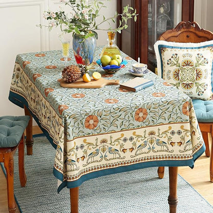 patdrea Designer French Linen Blue Tablecloth for Rectangle Table,Vintage Floral Table Cloth,Colorful Decoration Fall Cover Kitchen Dining for Thanksgiving,Tea Party,Christmas,63"x110"-Wensel