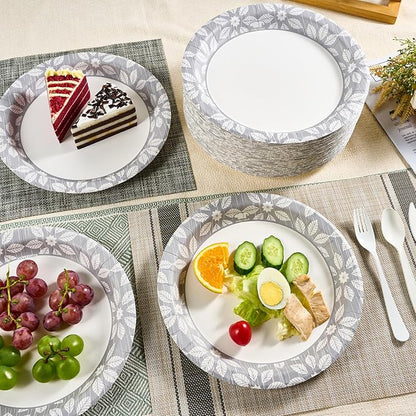 JOLLY CHEF 9 inch 140 Pack Disposable Paper Plates,Soak Proof, Cut Proof, Heavy Duty Printed Paper Plates for Everyday Use