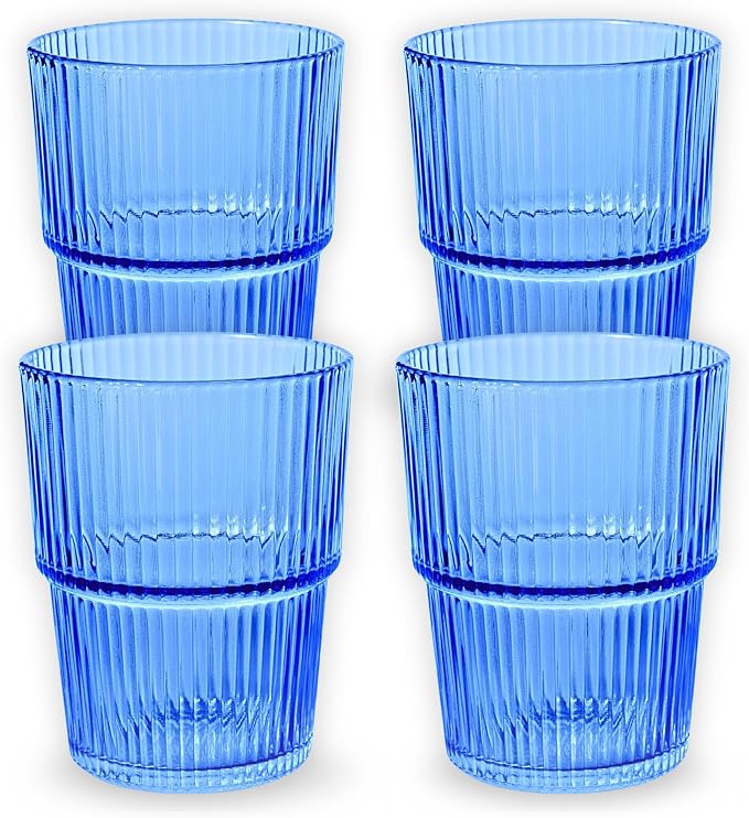 Blue Ribbed Drinking Glasses, 14 fl oz Glass Cups Set of 4 | Aesthetic Style by ElementLabs