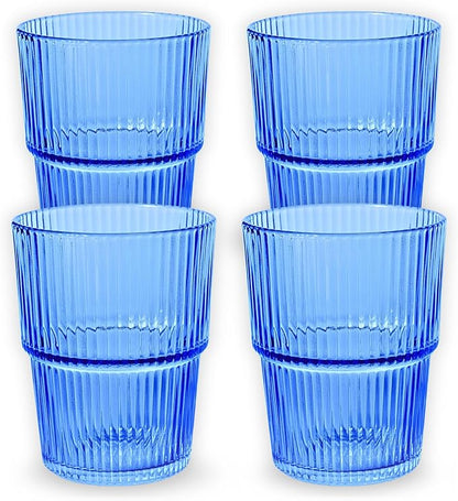 Blue Ribbed Drinking Glasses, 14 fl oz Glass Cups Set of 4 | Aesthetic Style by ElementLabs