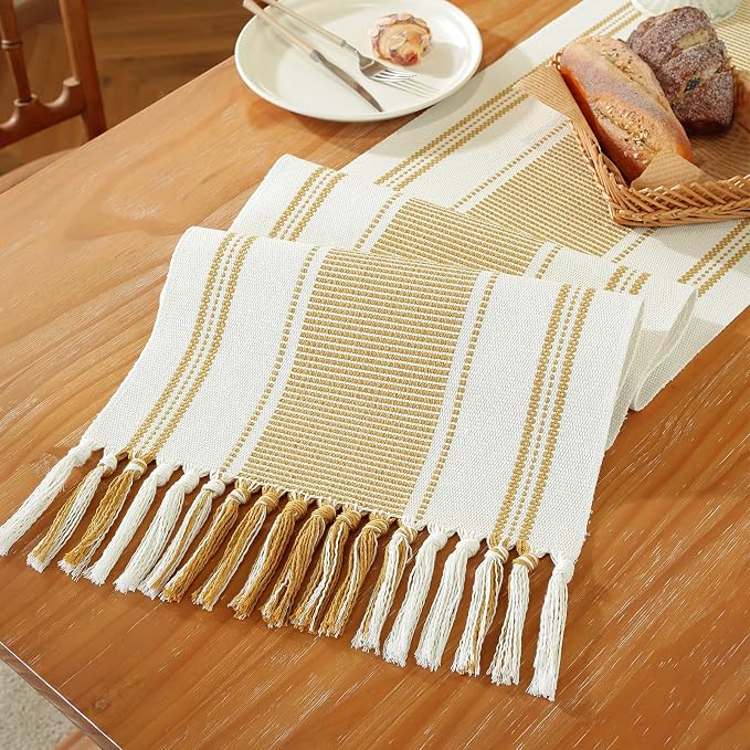 Gold Table Runner with Tassels, 72 Inches Long Farmhouse Macrame Cotton Linen - Image 3
