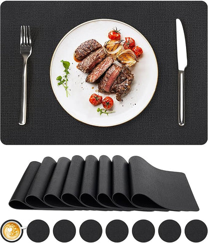 Vinyl Placemats Set of 8, Faux Leather Waterproof and Heat Resistant Place Mats, Washable Anti-Slip Table Mats with Coaster, Wipeable Placemats for Indoor & Outdoor 17" x 12" (Black, Set of 8)