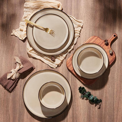 E-far 18-Piece Dinnerware Sets, Stoneware Plates and Bowls Set for 6, Reactive Glaze Dinning Ware Dishes, Microwave & Dishwasher Safe - Sandy Beige