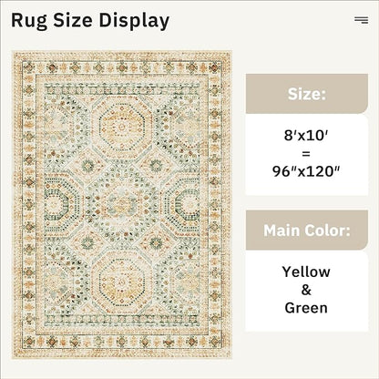 Washable Area Rug 8x10, Large Soft Rugs for Living Room Green Yellow Carpet 8x10 Area Rugs for Bedroom Dining Room Non-Slip Stain Resistant Rug