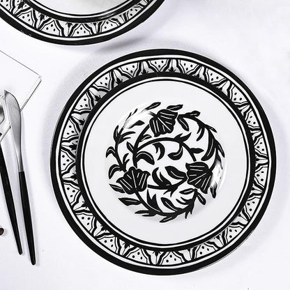 Melamine Dinnerware Sets-12pcs Melamine Plates and Bowls Set, Unbreakable, Dishwasher Safe, Indoor Outdoor Use, Ideals for Parties, Camping Dish Set, Black and White Pattern