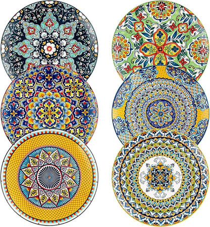 HENXFEN LEAD Dinner Plates Set of 6-10.5 Inch Large Ceramic Plates, Colorful Serving Dishes for Kitchen & Restaurant, Dishware, Microwave & Oven safe - Bohemian Style