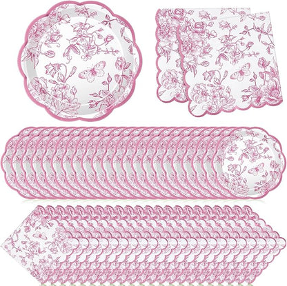 Willinglong 120 Pcs Floral Scalloped Paper Plates and Napkins Set, 2-ply Napkins by Willinglong