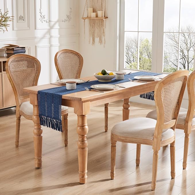 Macrame Style Boho Table Runner, 12x48 Inch Navy Blue | Woven Boho Table Runner - Image 3