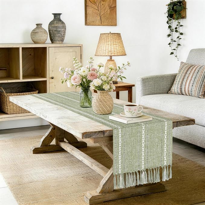 Sage Green Table Runner 15 x 72 Inches, Spring Summer Cotton Linen Coffee Table - Image 6