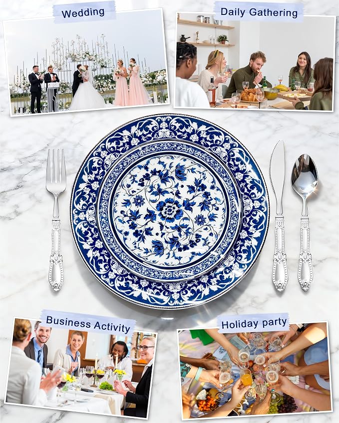 Blue Plastic Plates, Fancy Disposable Pates, 10.25" dinner & 7.5" dessert plates - Image 5