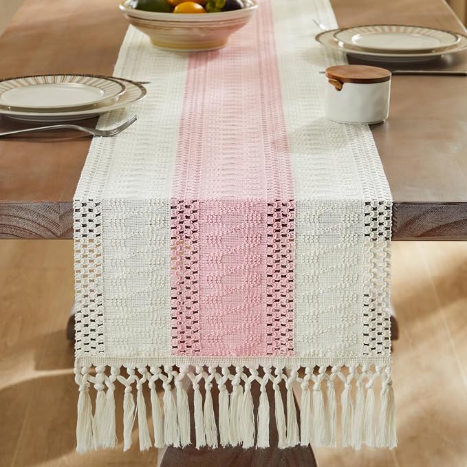 Macrame Style Bicolor Stitching Table Runner 14x60in Light Pink | Woven Boho - Image 3