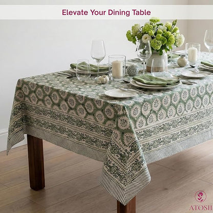 ATOSII Kari Green 100% Cotton Rectangle Boho Summer Tablecloth, Block Print Floral Table Cloth Linen for Dining, Parties, Wedding, Outdoors Home Decor 60 X 108 Inches I 8 Seater I