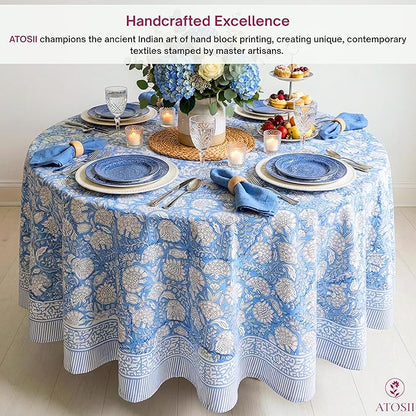 ATOSII Azora Blue 100% Cotton Round Tablecloth, Handblock Print Floral Table Cloth for Kitchen Dining Linen I Parties, Weddings, Outdoors I 90" Inches Round