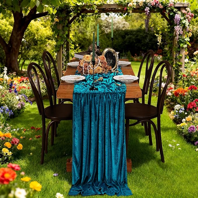 Peacock Blue Velvet Table Runner 29x120 Inch Luxury Retro Thick Runners | 5 - Image 4