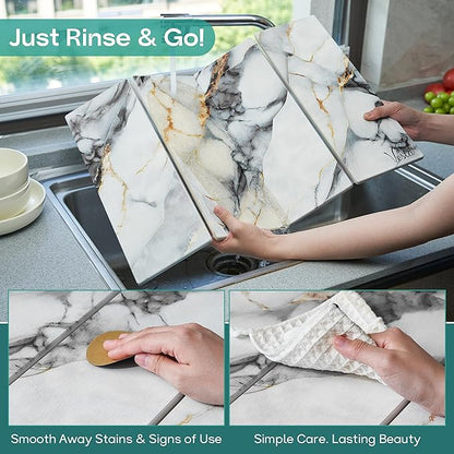 Stone Drying Mat For Kitchen Counter, Diatomaceous Stone Dish Drying Mat For Kitchen - Quick Drying Dish Mat - Water Absorbing Stone Tray, Foldable, Eco-Friendly, White Marble Color (23.5 x 15.4")