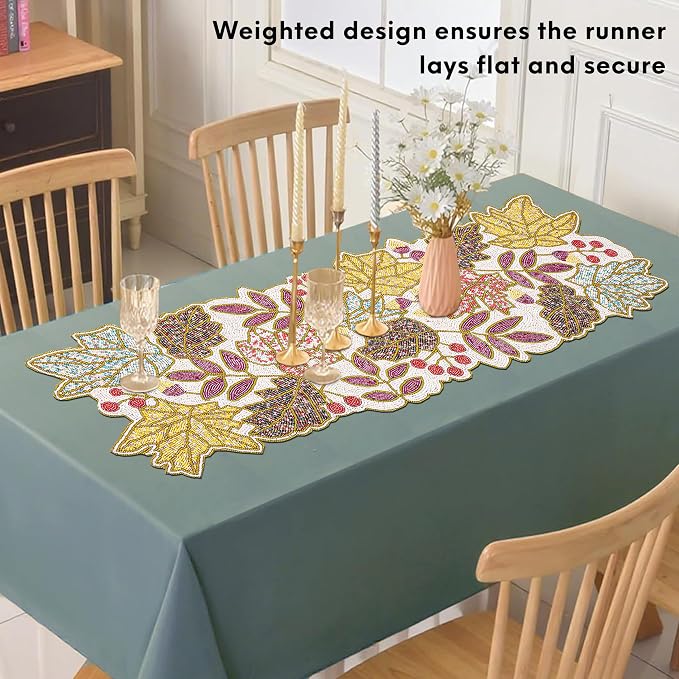 Hand Beaded Table Runner 13x36 in, Farmhouse | Premium beads on fabric base - Image 5