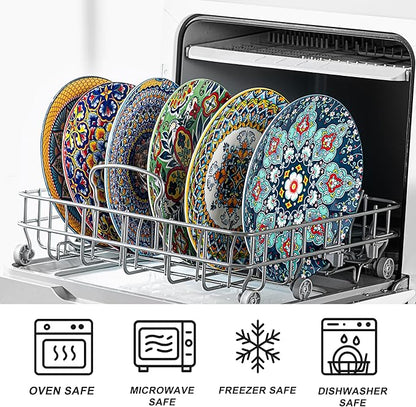 HENXFEN LEAD Ceramic Dessert, Salad Plates 8.5 Inch, Small Dinner Plate Set of 6- Serving Dishes for Thanksgiving & Christmas, Dishwasher & Microwave Safe - Bohemian Style