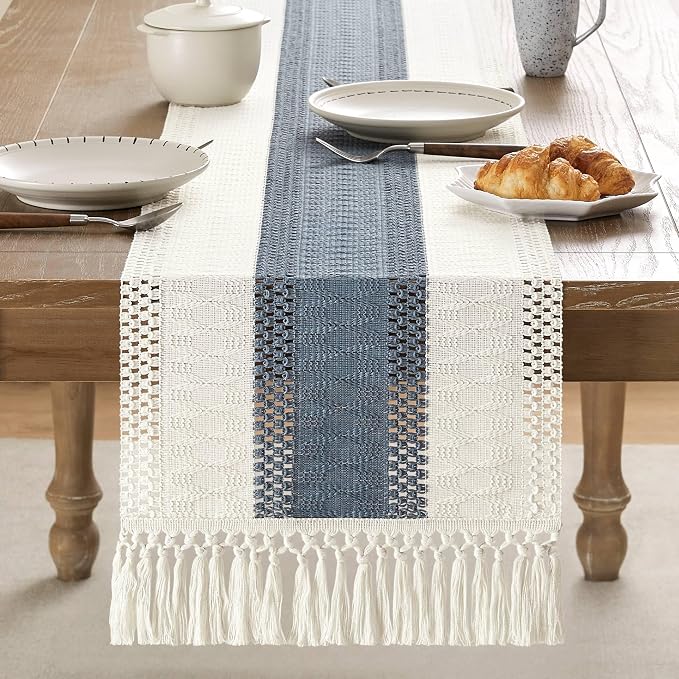 Macrame Style Bicolor Stitching Table Runner 14x36in Navy | Woven Boho Table - Image 2
