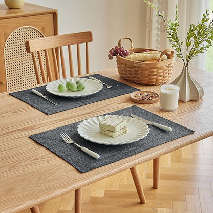 Softalker Faux Linen Placemats Set of 8-12 x 18 Inch, Heat Resistant Double Layered Durable Burlap Farmhouse Place Mats, Non-Slip Washable Rustic Table Mats for Dining, Kitchen, Party（Dark Grey