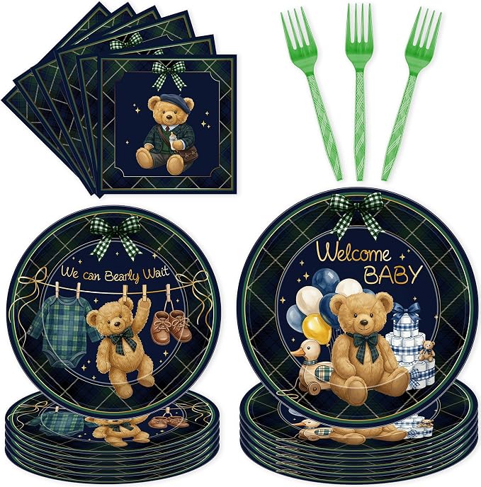 96 Pcs We Can Bearly Wait Baby Shower Decorations, Bear Tableware Set | by EoBeCy