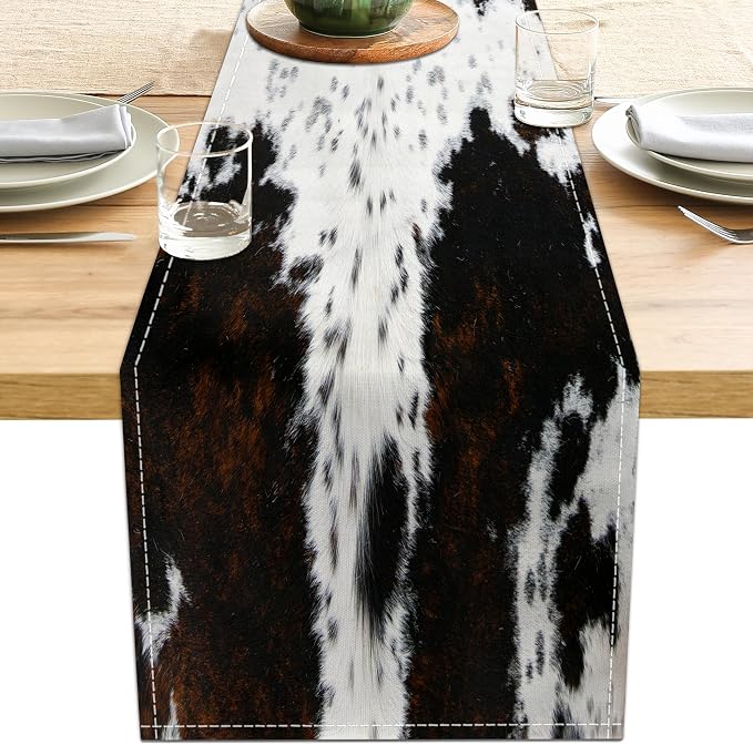 Linen Cow Print Table Runner 13x71 Inch Farmhouse Western Brown Black Cowhide by LXXTK