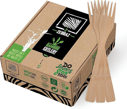2ZEBRAZ Bamboo Cutlery Set – 100 Disposable Forks | Reusable Smooth Flatware, Heavy-Duty Natural Utensils for Dining and Entertaining