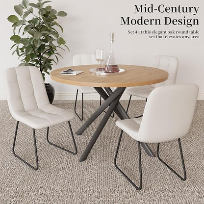45.3 Inch Round Dining Table Set for 4, Mid Century Modern Small Kitchen Coffee Set for Dining Room Kitchen Apartment (Oak Table + 4 U-Shaped White Chairs)