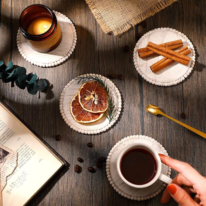 Honeydak 4 Pcs Wooden Coasters Round Bead Coasters Set Wood Drink Coaster - Image 3