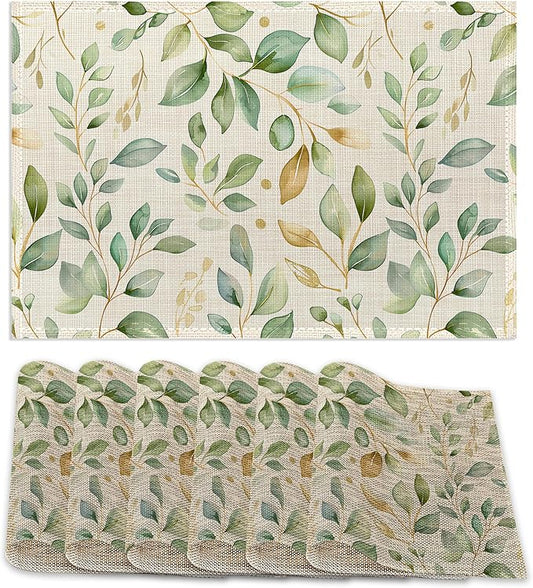 Placemats12x18 Inch,Eucalyptus Leaves Placemats,Sage Green Leaf Kitchen Dining Coffee Table Mats Set of 6 for Home Indoor Outdoor Party