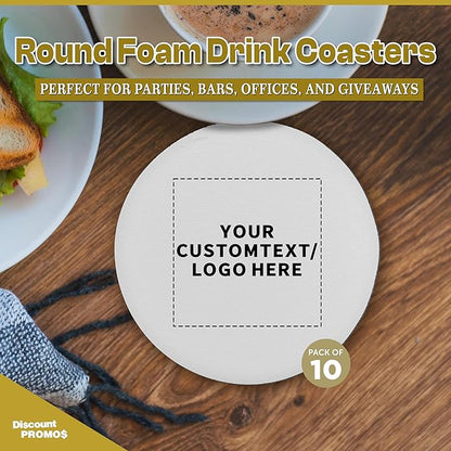 10 Round Foam Bud Coasters Pack, 4 inch - Customizable Text, Logo - PU Foam, Party Favor - White