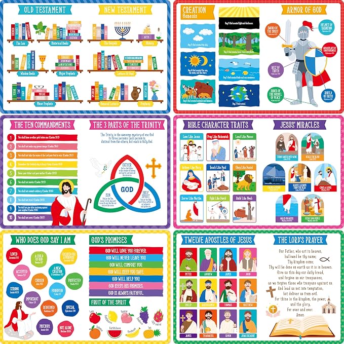 6 Pack Placemats for Kids, Non-Slip Washable Table Mats, Reusable Bible Themed by SpriteGru