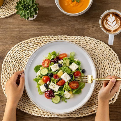 AmorArc 24 Pieces Ceramic Dinnerware Sets for 6, Handpainted Plates and Bowls Set with Rustic Terracotta Underside, Scratch Resistant Stoneware Dishes Set, Dishwasher & Microwave Safe, White