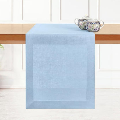 D'Moksha Homes Linen Powder Blue Table Runner 108 Inches Long - 100% Pure Linen Dining Table Runner 14 x 108 Inch for Spring, Easter - Machine Washable