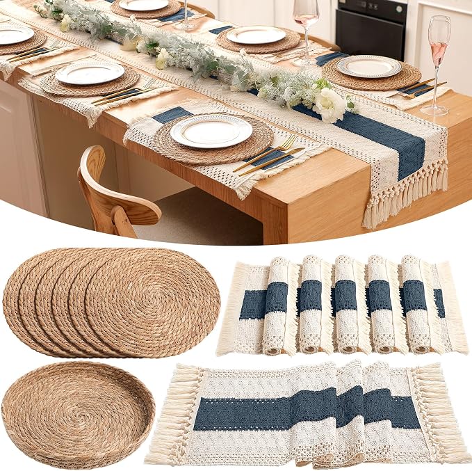 Boho Placemats 4/6/8 Set of Round Woven Placemat Macrame Style Bicolor by Gandeer