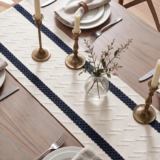 Artoid Mode Dark Blue Stripe Woven Rustic Table Runner 12x48 Inch | Holiday - Image 4