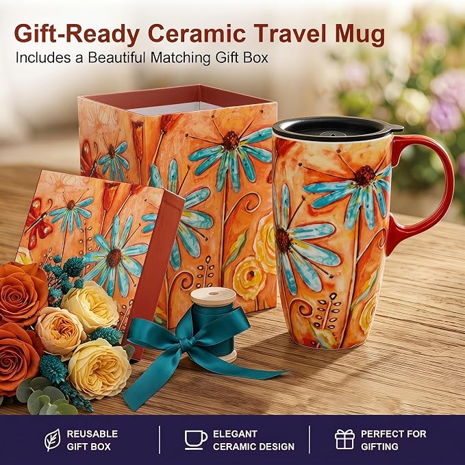 Topadorn 17 oz Ceramic Travel Mug, Colorful Floral Coffee Mug - Image 7