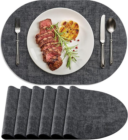 Placemats for Dining Table Set of 6 Non-Slip, Heat Resistant Oval Leather Placemat Double Layer, Waterproof Table Mats Easy to Clean for Kitchen Dining Room Coffee Office Table, Charcoal