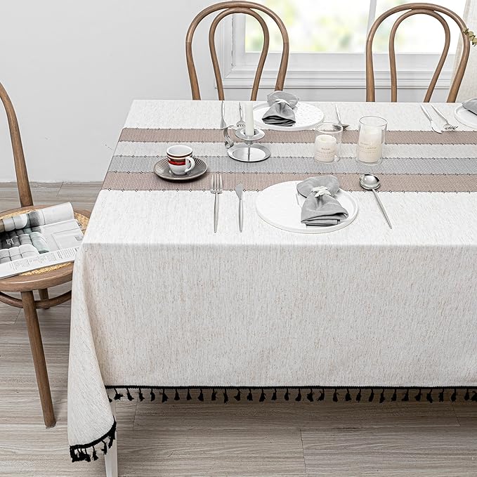 MYSKY HOME Table Cloth 60x84 in Rectangle, Heavy Duty Linen Look Waterproof Tablecloths Farmhouse Tablecloth, Wrinkle Free Table Cover with Coffee Lines for Kitchen Dining, Party