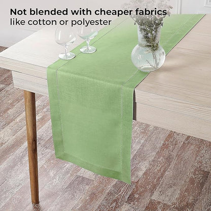 D'Moksha Homes Linen Sage Green Table Runner 48 Inches - Classic Hemstitch, 100% Pure Linen Coffee Table Runner 14 x 48 Inch Ideal for Dresser Tables - Spring, St Patricks Day, Easter