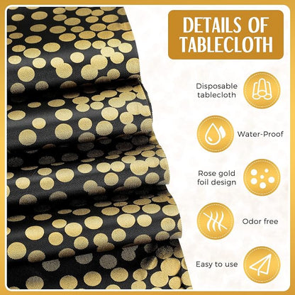 24 Packs Black and Gold Disposable Plastic Tablecloths and Satin Table Runner - Image 3