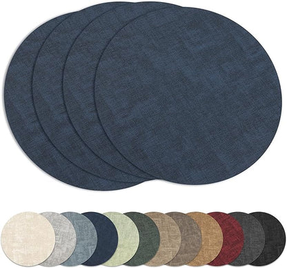 13" Round Placemats Set of 4, Reversible Faux Leather Heat Resistant Table Mats, 100% Waterproof Oilproof Wipeable Table Protective Placemats for Vinyl, Washable for Indoor (4, Navy Blue)