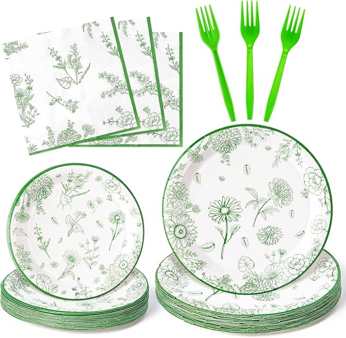 96Pcs Sage Green Floral Party Plates Supplies Green Toile Chinoiserie Flower by G1ngtar