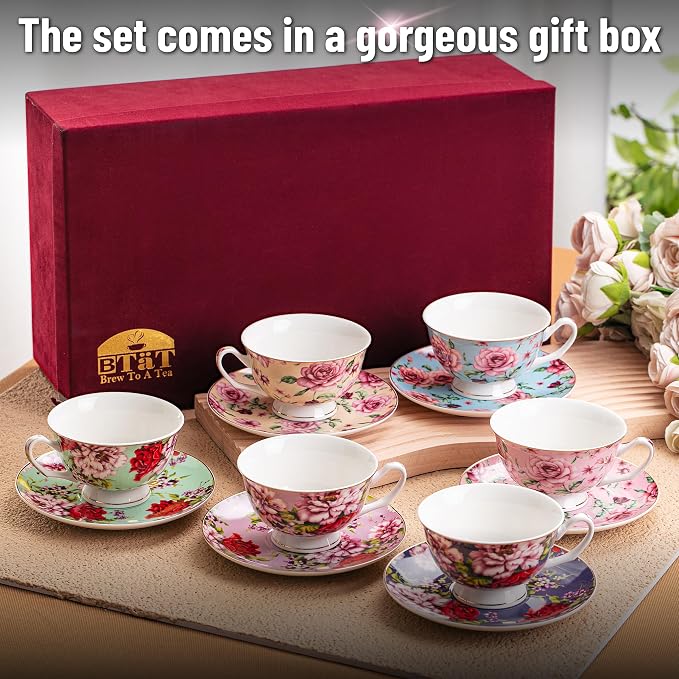 BTaT- Floral Tea Cups and Saucers, 8 oz, Fine Porcelain Teacup Set - Image 5