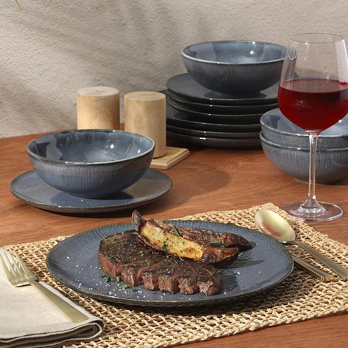 Gibson Elite Sandy Pines Stoneware Plates and Bowls Set - 12 Piece Reactive Glaze Dinnerware Set - Service for 4 - Dishwasher and Microwave Safe - Blue
