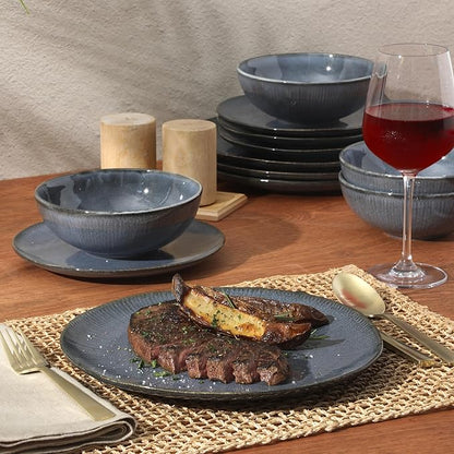 Gibson Elite Sandy Pines Stoneware Plates and Bowls Set - 12 Piece Reactive Glaze Dinnerware Set - Service for 4 - Dishwasher and Microwave Safe - Blue