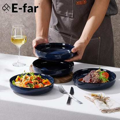 E-far Blue Pasta Bowls Set of 4, 35oz Double Reactive Glaze Stoneware | Wide & - Image 4
