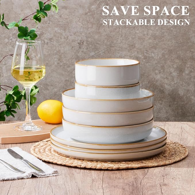 E-far Stoneware Pasta Bowls Set of 4, 35oz Double Reactive Glaze | Wide & - Image 4