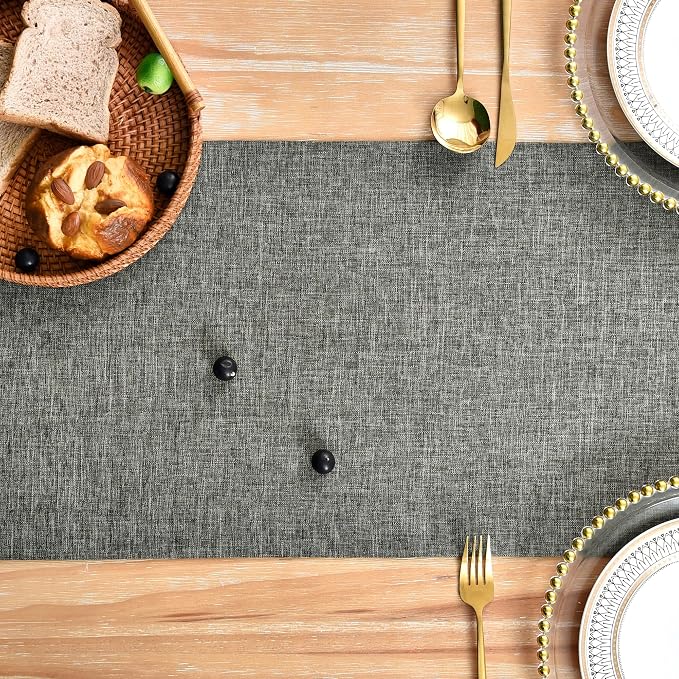 NEWISHER Farmhouse Rustic Faux Linen Dark Grey Table Runner 13x90inch | Dark - Image 4