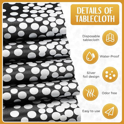 8 Pack Black and Silver Disposable Plastic Tablecloths and Satin Table Runner - Image 3